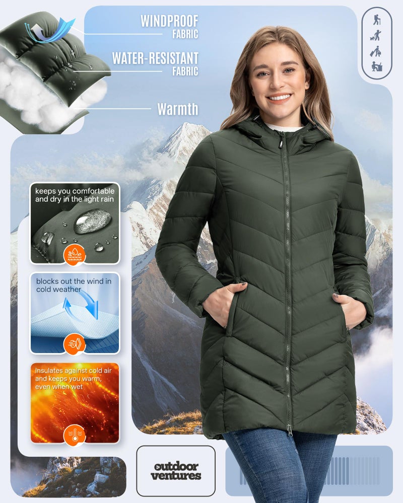 Outdoor Ventures Women's Long Hooded Lightweight Puffer Coat Quilted Insulated Winter Jacket - Image 4