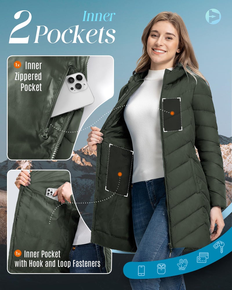 Outdoor Ventures Women's Long Hooded Lightweight Puffer Coat Quilted Insulated Winter Jacket - Image 3