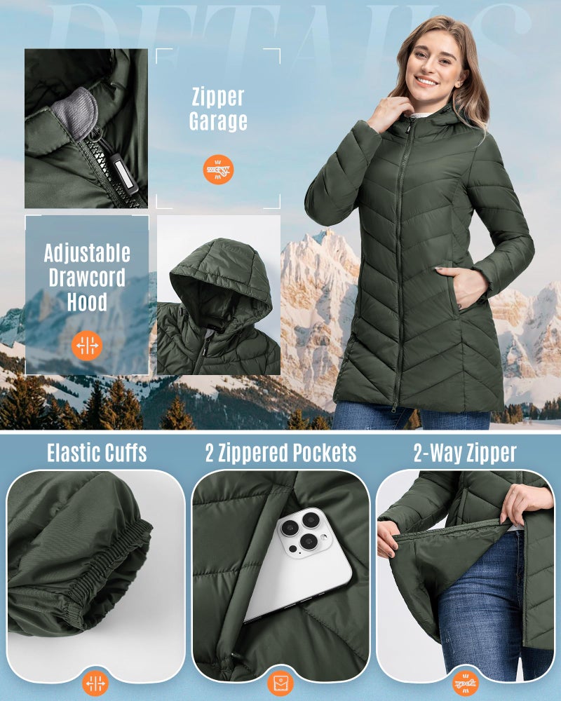 Outdoor Ventures Women's Long Hooded Lightweight Puffer Coat Quilted Insulated Winter Jacket - Image 2