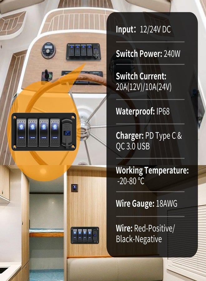 RVZONE لوحة مفاتيح RVZONE رباعية الأزرار مقاومة للماء بمعيار IP68، مزودة بمقياس فولت رقمي LED يعمل بجهد 12-24 فولت تيار مستمر، بالإضافة إلى منفذي USB (QC 3.0 و Type-C) للشحن السريع، لوحة مفاتيح تبديل موصلة مسبقًا للسيارات والقوارب والشاحنات (أزرق) - Image 5