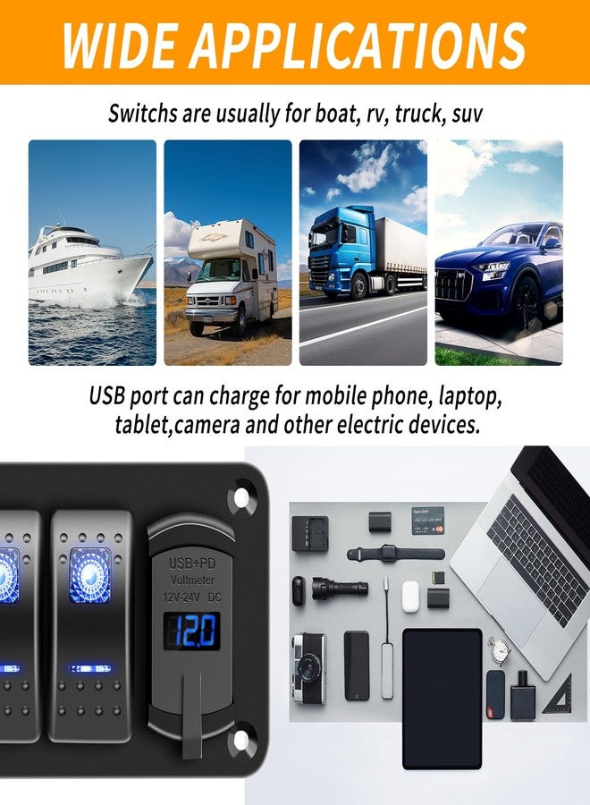 RVZONE لوحة مفاتيح RVZONE رباعية الأزرار مقاومة للماء بمعيار IP68، مزودة بمقياس فولت رقمي LED يعمل بجهد 12-24 فولت تيار مستمر، بالإضافة إلى منفذي USB (QC 3.0 و Type-C) للشحن السريع، لوحة مفاتيح تبديل موصلة مسبقًا للسيارات والقوارب والشاحنات (أزرق) - Image 4