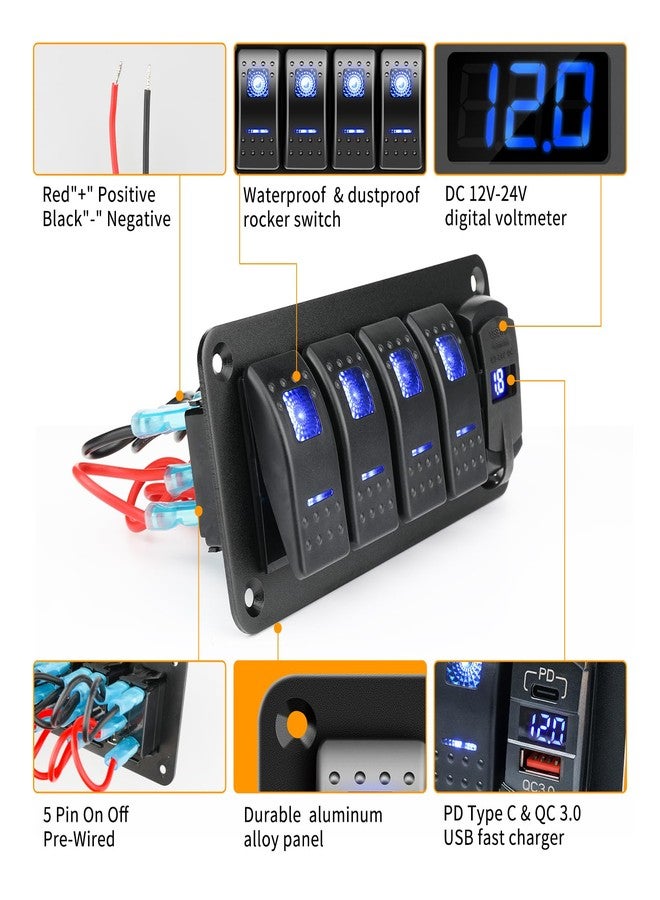 RVZONE لوحة مفاتيح RVZONE رباعية الأزرار مقاومة للماء بمعيار IP68، مزودة بمقياس فولت رقمي LED يعمل بجهد 12-24 فولت تيار مستمر، بالإضافة إلى منفذي USB (QC 3.0 و Type-C) للشحن السريع، لوحة مفاتيح تبديل موصلة مسبقًا للسيارات والقوارب والشاحنات (أزرق) - Image 2