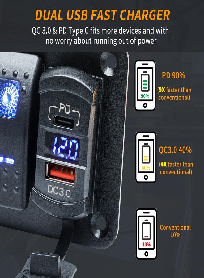 RVZONE لوحة مفاتيح RVZONE رباعية الأزرار مقاومة للماء بمعيار IP68، مزودة بمقياس فولت رقمي LED يعمل بجهد 12-24 فولت تيار مستمر، بالإضافة إلى منفذي USB (QC 3.0 و Type-C) للشحن السريع، لوحة مفاتيح تبديل موصلة مسبقًا للسيارات والقوارب والشاحنات (أزرق) - Image 3