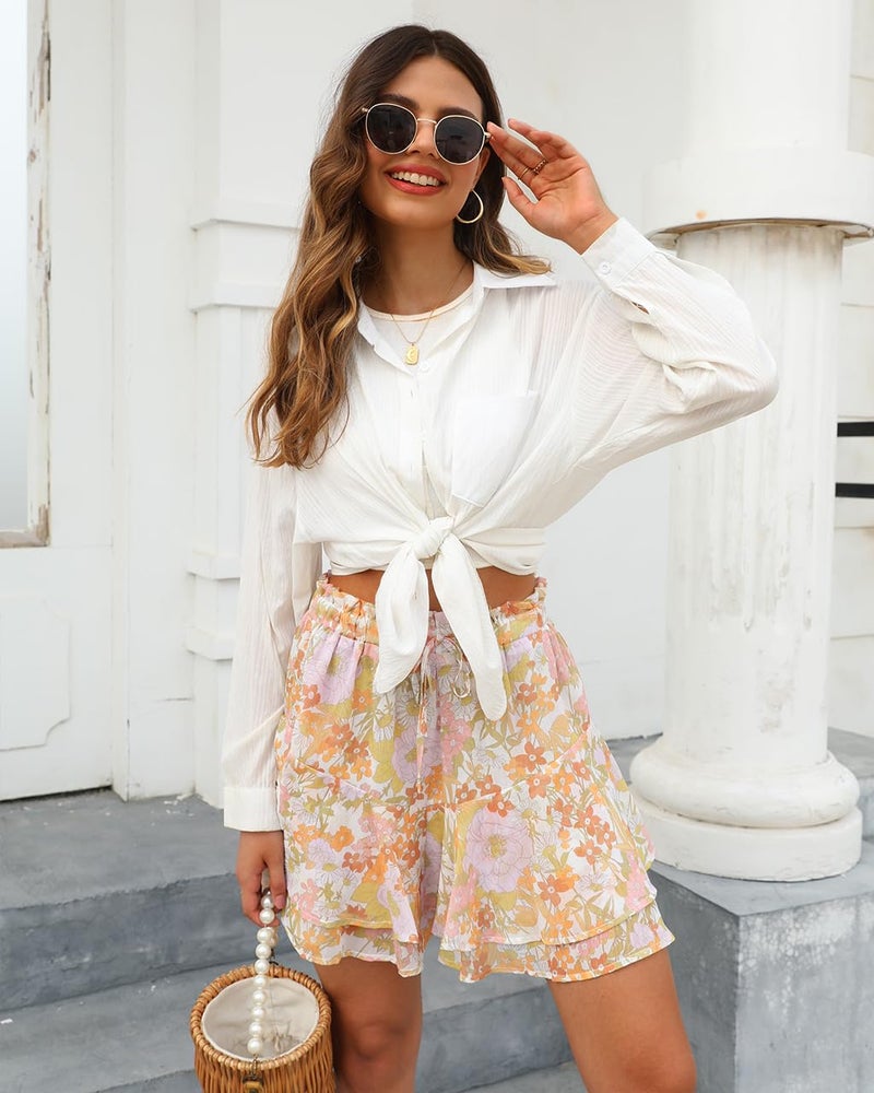 Aoudery Flowy Shorts for Women Casual Boho Floral Skorts Ruffle Mini Skirts Running Tennis Butterfly Chiffon Shorts- Yellow Flower L - Image 5