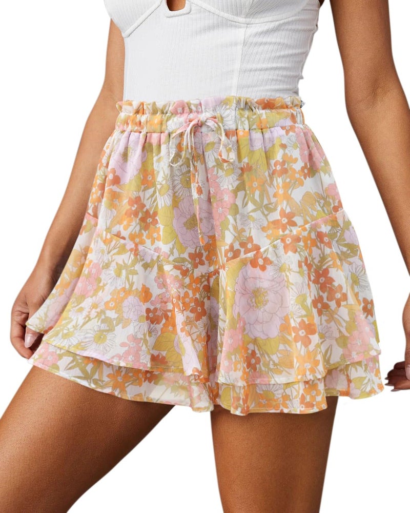 Aoudery Flowy Shorts for Women Casual Boho Floral Skorts Ruffle Mini Skirts Running Tennis Butterfly Chiffon Shorts- Yellow Flower L - Image 1