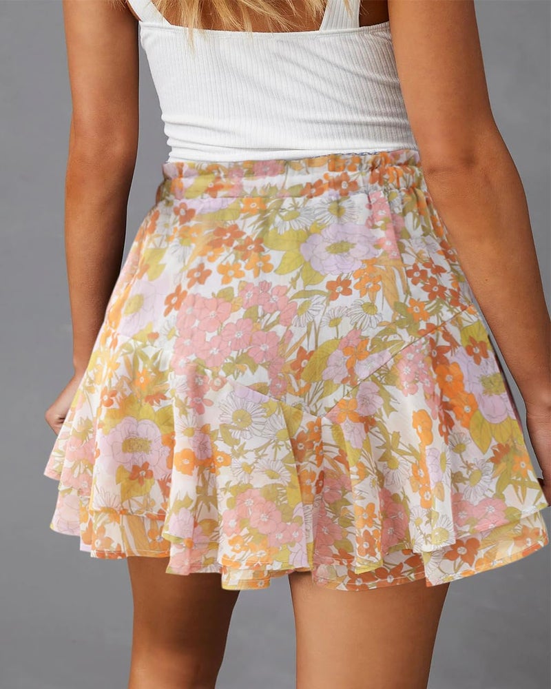 Aoudery Flowy Shorts for Women Casual Boho Floral Skorts Ruffle Mini Skirts Running Tennis Butterfly Chiffon Shorts- Yellow Flower L - Image 2