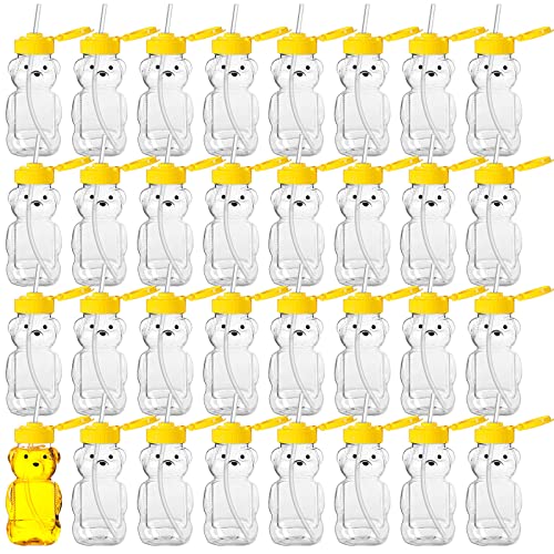 Thenshop Thenshop 32 Pack Honey Bear Bottle with Straws Empty Plastic Cup Honey Jar Containers Bear Shaped Squeeze Bottle Storing and Dispensing Yellow Flip Top Lid Assistive Cups6oz 