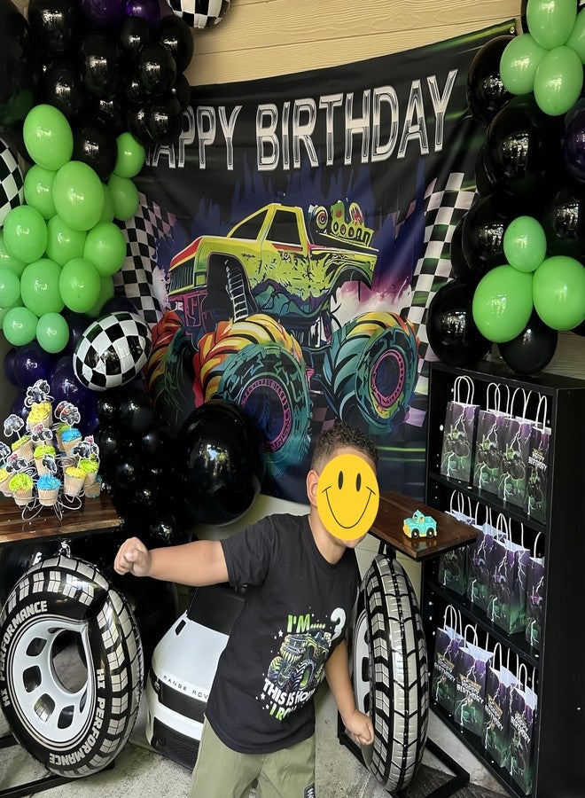 EASUTE 145Pcs Monster Truck Theme Purple and Green Black Balloon Garland Arch Kit with Big Wheels Checkered Foil Balloons for Kids Truck Race Car Birthday Jam Party Decorations Monster Truck Party Supplies - Image 4