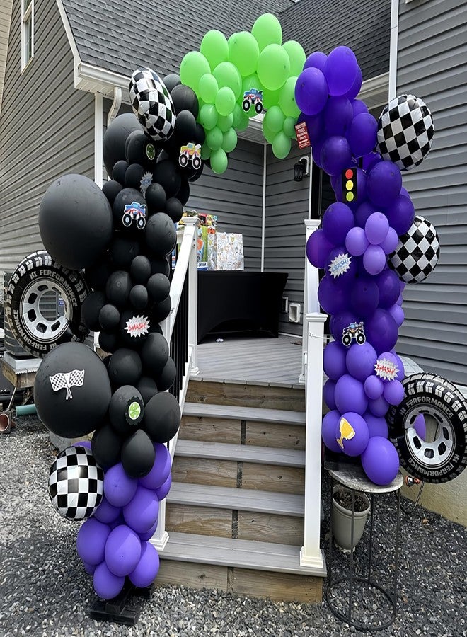 EASUTE 145Pcs Monster Truck Theme Purple and Green Black Balloon Garland Arch Kit with Big Wheels Checkered Foil Balloons for Kids Truck Race Car Birthday Jam Party Decorations Monster Truck Party Supplies - Image 3
