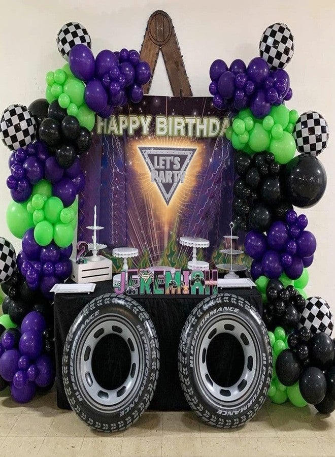 EASUTE 145Pcs Monster Truck Theme Purple and Green Black Balloon Garland Arch Kit with Big Wheels Checkered Foil Balloons for Kids Truck Race Car Birthday Jam Party Decorations Monster Truck Party Supplies - Image 1