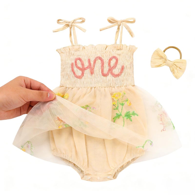 TITKKOP Baby Girl 1st Birthday Clothes One Year Old Tulle Romper Sleeveless Bodysuit Cake Smash Outfits(apricot1,12-18M) - Image 3