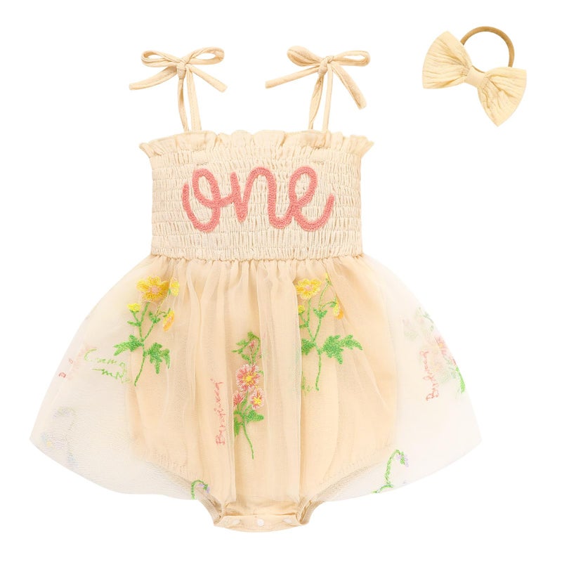 TITKKOP Baby Girl 1st Birthday Clothes One Year Old Tulle Romper Sleeveless Bodysuit Cake Smash Outfits(apricot1,12-18M) - Image 1