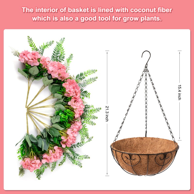Ammyoo Artificial Hanging Hydrangea Flowers with Basket for Outdoor Spring Decoration, Fake Silk Hydrangea Flower Outdoor Indoor Arrangements, Fake Hanging Plants for Balcony Garden Yard Decor(Champagne) - Image 2