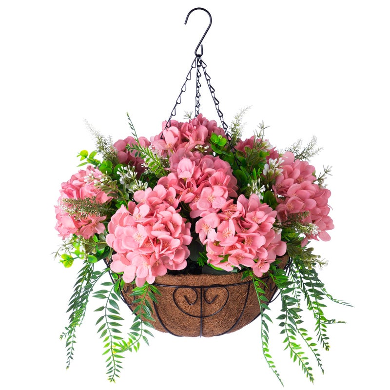 Ammyoo Artificial Hanging Hydrangea Flowers with Basket for Outdoor Spring Decoration, Fake Silk Hydrangea Flower Outdoor Indoor Arrangements, Fake Hanging Plants for Balcony Garden Yard Decor(Champagne) - Image 1