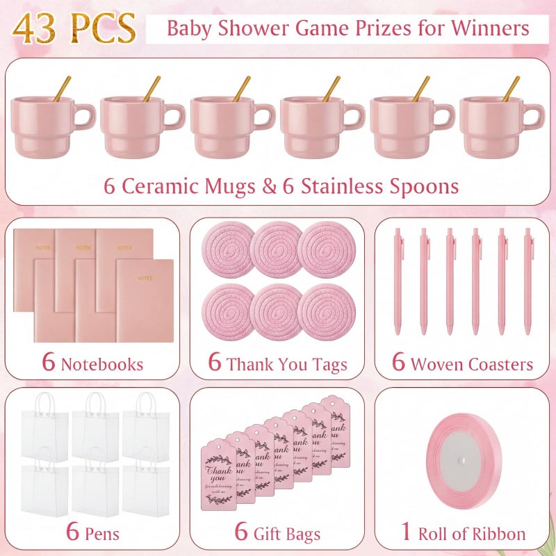 Yiyiring 43 Pcs Baby Shower Game Prizes for Game Winners Baby Shower Gifts Including Ceramic Mugs with Spoons Woven Coasters and Notebook Pen Gift Bags Thank You Card for Wedding Bridal Favors (Pink) - Image 2