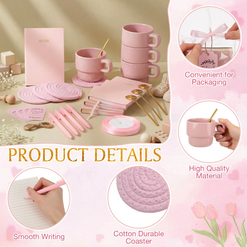 Yiyiring 43 Pcs Baby Shower Game Prizes for Game Winners Baby Shower Gifts Including Ceramic Mugs with Spoons Woven Coasters and Notebook Pen Gift Bags Thank You Card for Wedding Bridal Favors (Pink) - Image 3