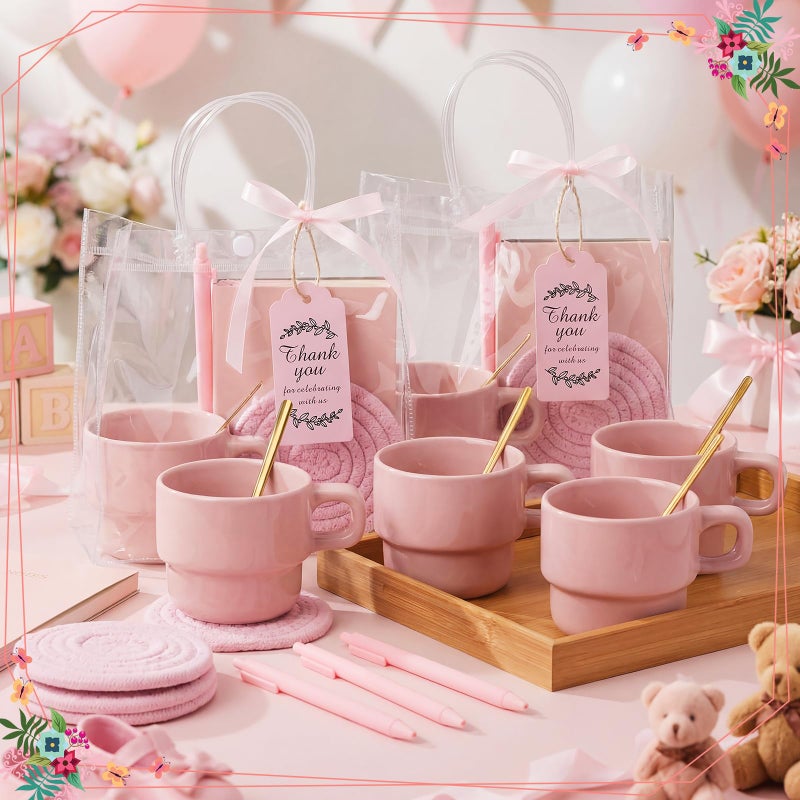 Yiyiring 43 Pcs Baby Shower Game Prizes for Game Winners Baby Shower Gifts Including Ceramic Mugs with Spoons Woven Coasters and Notebook Pen Gift Bags Thank You Card for Wedding Bridal Favors (Pink) - Image 4