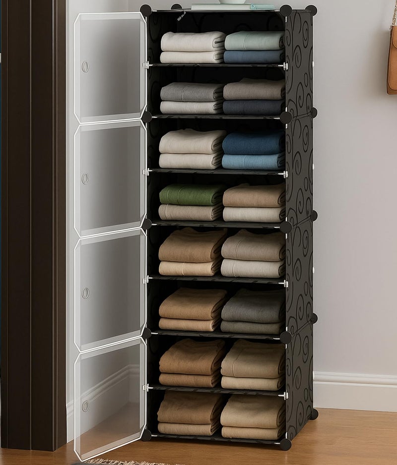 AYSIS Portable Collapsible Wardrobe for Clothes Storage 𝟕 𝐒𝐡𝐞𝐥𝐟 & 𝟒 𝐃𝐨𝐨𝐫𝐬 – Cloth Organizer Cupboard/Multipurpose Storage Organizer/Closet for Bedroom/Living Room/Laundry Room - 𝐁𝐥𝐚𝐜𝐤 - Image 1