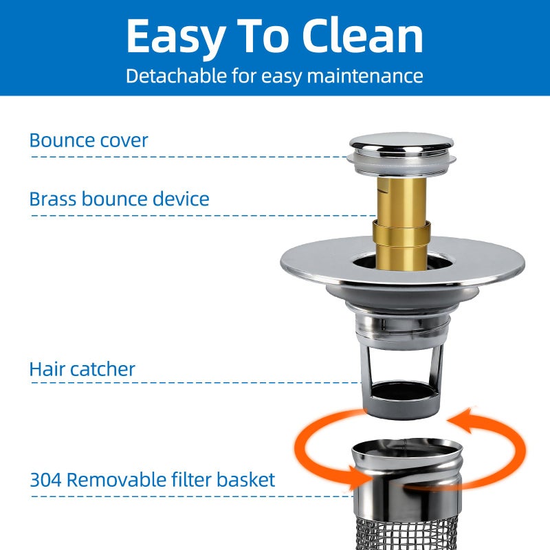 Axwnh Bathroom Sink Drain Strainer, Pop-up Sink Drain Strainer with Removable Strainer Basket Hair Catcher, Bathroom Sink Stopper,2 Packs - Image 4
