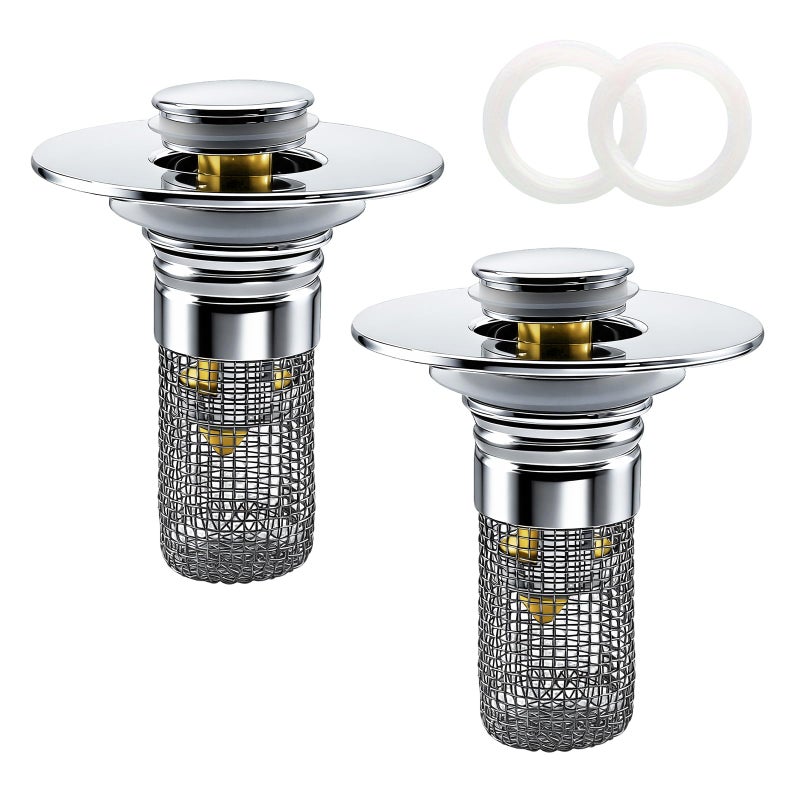 Axwnh Bathroom Sink Drain Strainer, Pop-up Sink Drain Strainer with Removable Strainer Basket Hair Catcher, Bathroom Sink Stopper,2 Packs - Image 1