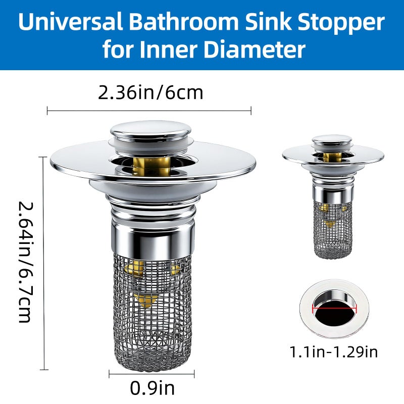 Axwnh Bathroom Sink Drain Strainer, Pop-up Sink Drain Strainer with Removable Strainer Basket Hair Catcher, Bathroom Sink Stopper,2 Packs - Image 2