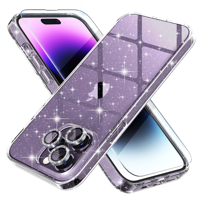 Choiche Compatible for iPhone 14 Pro Max Case Women Phone Case, Cute Bling Sparkly, Military Grade Protection, 3 Diamond Camera Lens Covers, 2 Tempered Glass Protectors, 6.7 inch (Glitter Clear) - Image 1