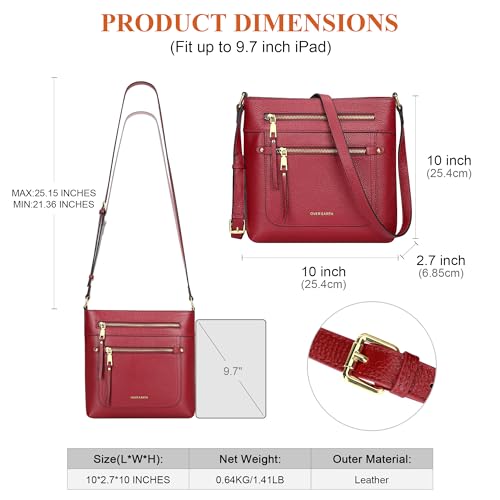 Over Earth Leather Crossbody Bags for Women Medium Shoulder Purse Multi Pocket Shoulder Handbag with Adjustable Strap(O199E Wine Red) - Image 5