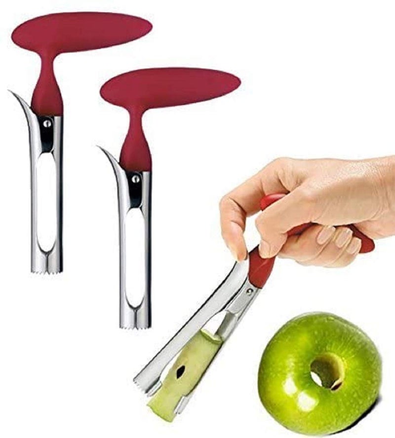 2 PACK  Apple Corer Lever Tool by BRIGHT KITCHEN Stainless Steel Pear Fruit Seed Remover Cherry Red Grip with Serrated Blade