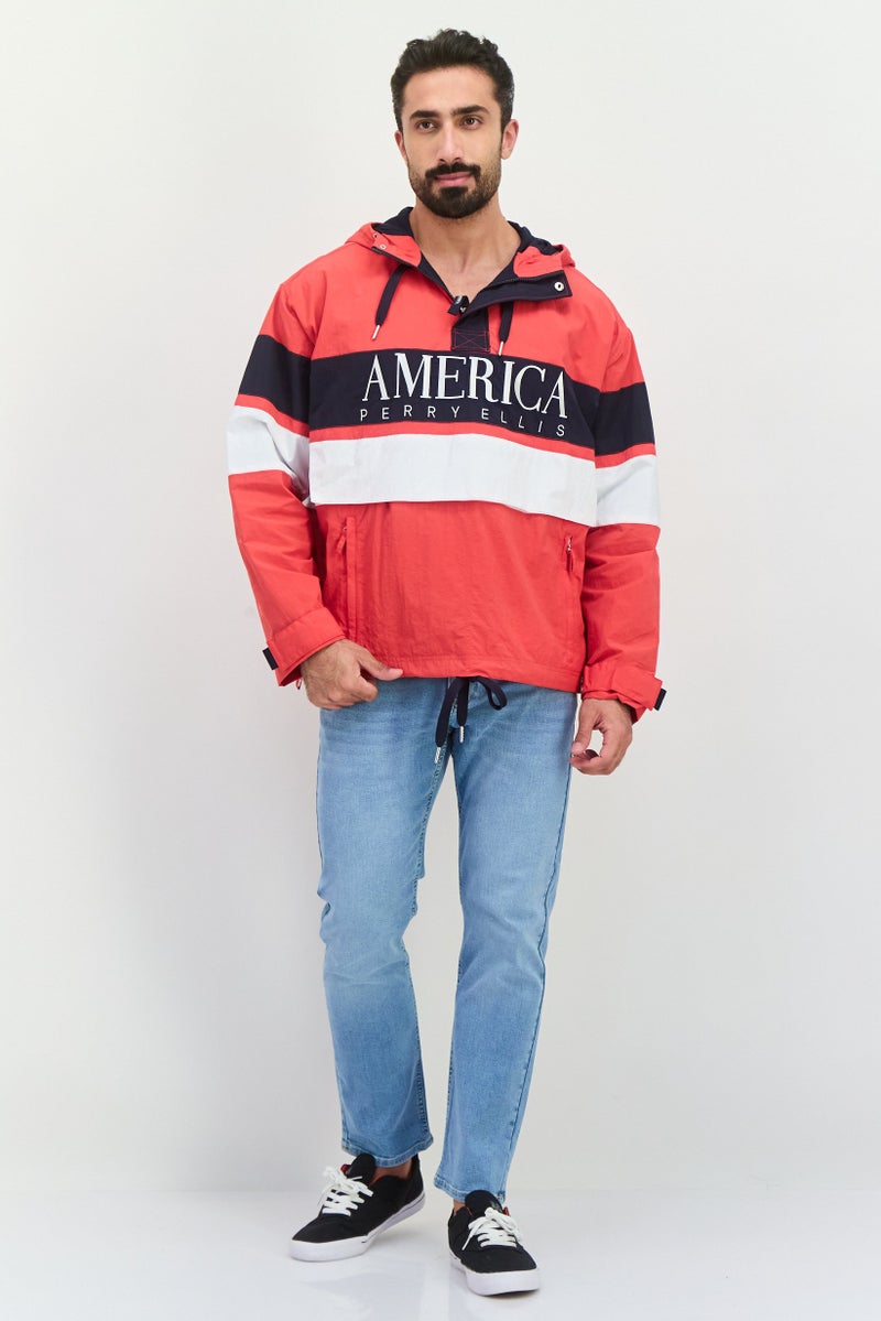 PERRY ELLIS جاكيتات هود نصف سحاب للرجال بشعار مطرز، أحمر - Image 4
