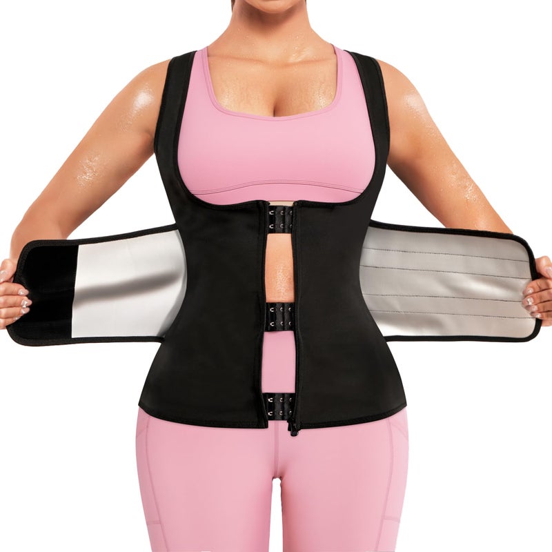 KUMAYES Womens Waist Trainer With Zipper Corset Sweat Waist Trimmer Workout Belt Shirt Band Faja Body Shaper Black - Image 1