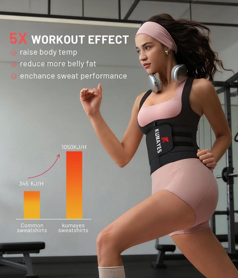 KUMAYES Womens Waist Trainer With Zipper Corset Sweat Waist Trimmer Workout Belt Shirt Band Faja Body Shaper Black - Image 5