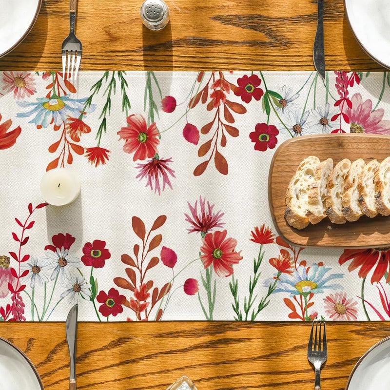 Artoid Mode Orange Daisy Flowers Floral Leaves Summer Table Runner, Spring Kitchen Dining Table Decoration for Home Party Decor 13x72 Inch - Image 4