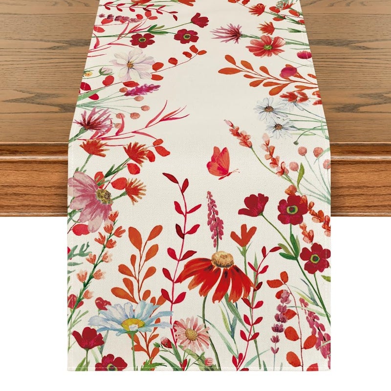 Artoid Mode Orange Daisy Flowers Floral Leaves Summer Table Runner, Spring Kitchen Dining Table Decoration for Home Party Decor 13x72 Inch - Image 1