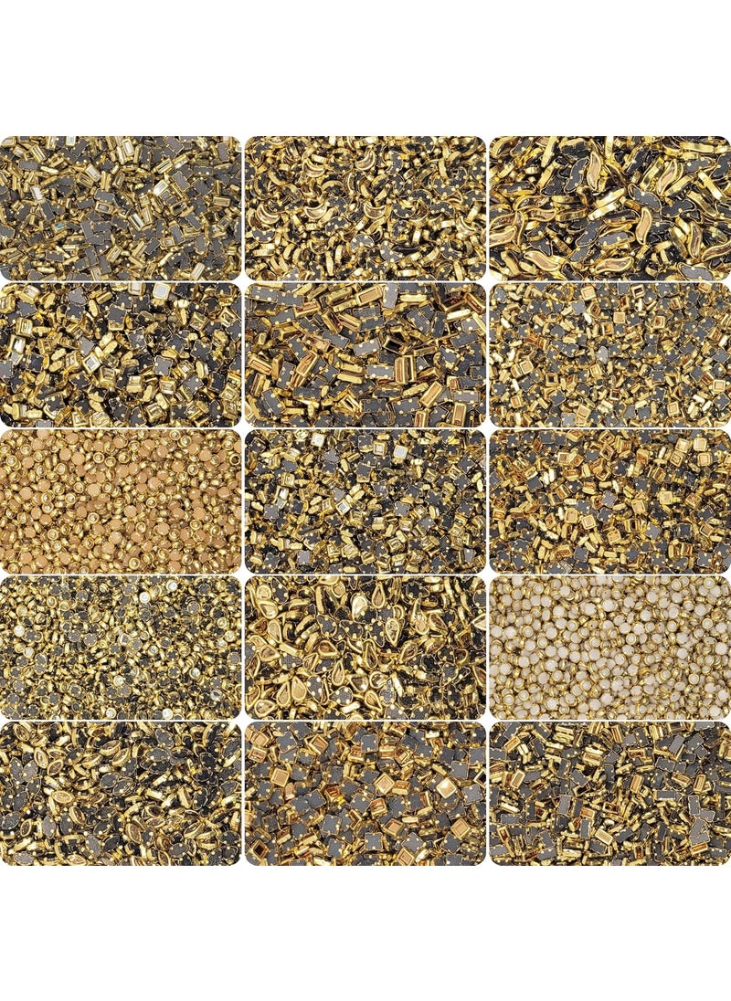 INDIKONB - INDIKONB 2325 Kundan Stones Set - 15 Assorted Shapes and Sizes for Jewelry Making, Embroidery, Bangle Crafting - White & Gold - Image 1