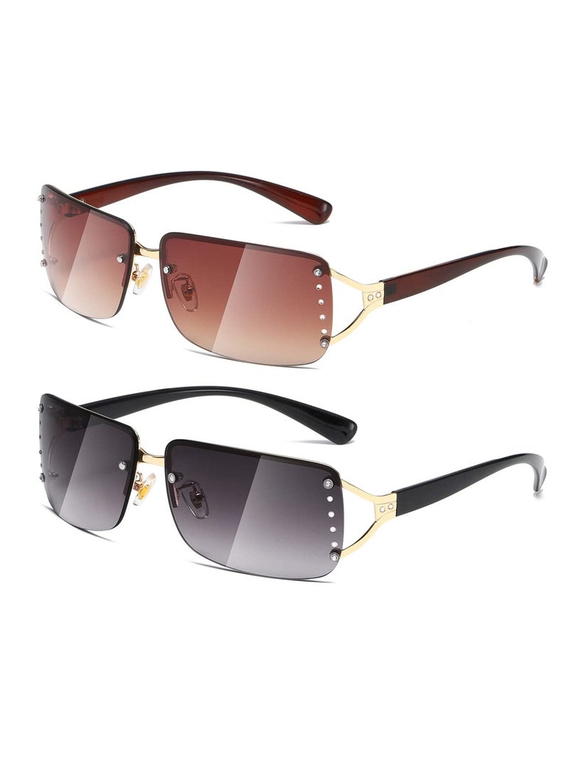 نظارات شمسية عصرية بدون إطار - 2 زوج من نظارات مستطيلة عتيقة للرجال والنساء، إطارات مربعة شفافة عصرية - Image 1