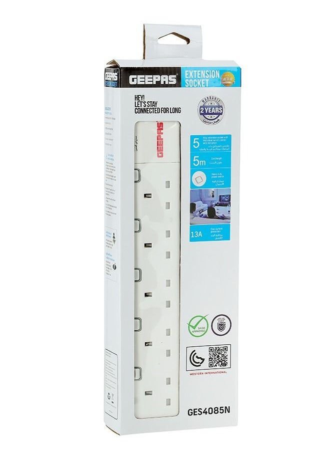 GEEPAS - 5 Way - 5 Meter Cable Power Extension Socket  Portable Multi Socket | Multi Plug Power Cable | High Quality, Heavy Duty Power Switch - Image 1