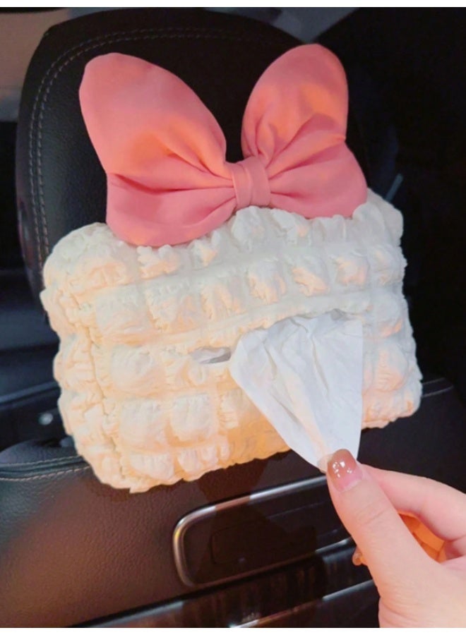 Elegant Bow Plush Car Tissue Box Cover – Soft Ruffle Design Napkin Holder – Decorative Back Seat Tissue Organizer – 21 x 16.5 cm