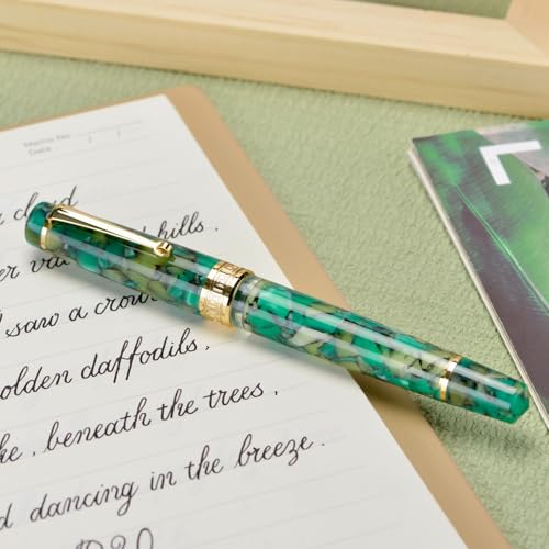 Asvine P20 Piston Fountain Pen Extra Fine Point, Green Marble Acrylic Gold Trim Smooth Writer Collection with Case Set - Image 2