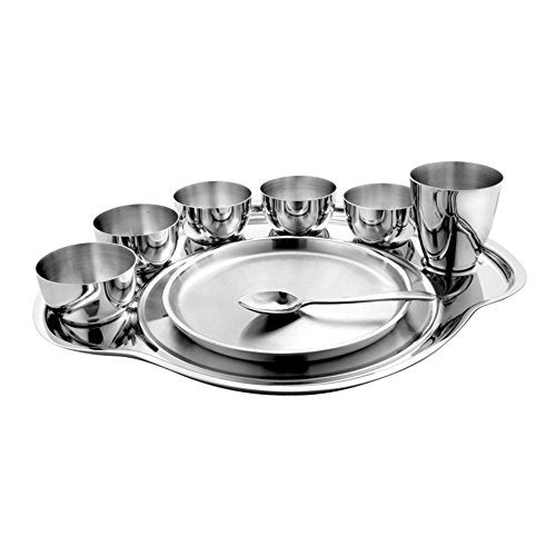 Prabha Stainless Steel Dinner Set of 9 Pcs | Shagun Rajwada Silver Thali Set For Serving |Bhojan Thal Kitchen Dinnerware Set Ideal Gifting Anniversary, Wedding |Durable, Cleanable, Useable, High Grade - Image 1