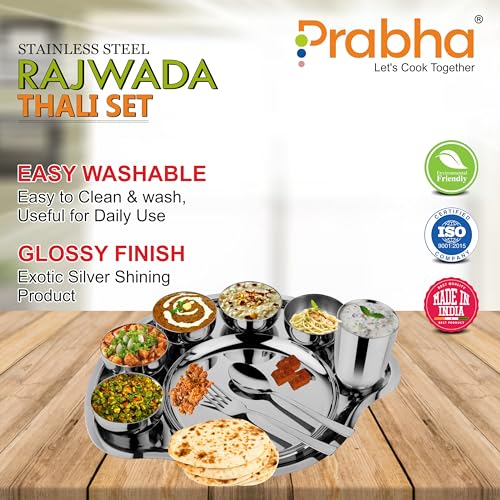 Prabha Stainless Steel Dinner Set of 9 Pcs | Shagun Rajwada Silver Thali Set For Serving |Bhojan Thal Kitchen Dinnerware Set Ideal Gifting Anniversary, Wedding |Durable, Cleanable, Useable, High Grade - Image 5