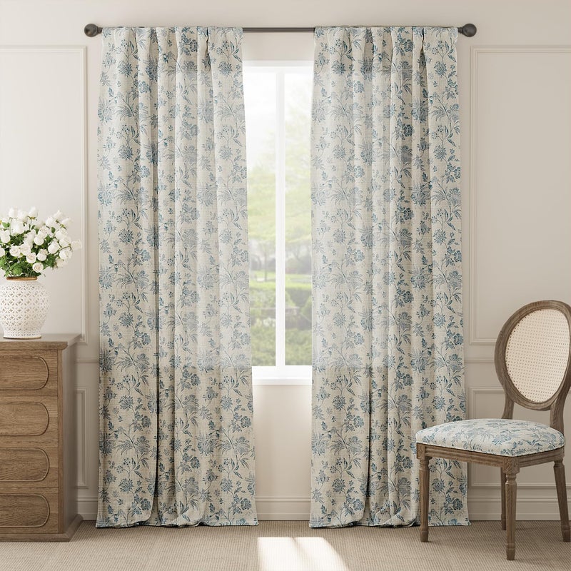 jinchan Linen Floral Curtains for Living Room with Printed Flower 108 Inches Long Light Filtering Extra Long Back Tab Rod Pocket Blue Window Curtain Set Farmhouse Drapes, 2 Panels Blue - Image 2