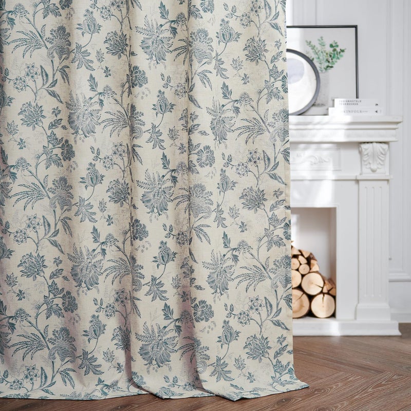 jinchan Linen Floral Curtains for Living Room with Printed Flower 108 Inches Long Light Filtering Extra Long Back Tab Rod Pocket Blue Window Curtain Set Farmhouse Drapes, 2 Panels Blue - Image 3