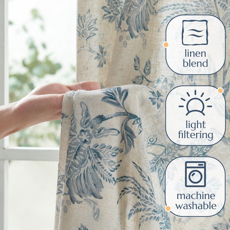 jinchan Linen Floral Curtains for Living Room with Printed Flower 108 Inches Long Light Filtering Extra Long Back Tab Rod Pocket Blue Window Curtain Set Farmhouse Drapes, 2 Panels Blue - Image 4