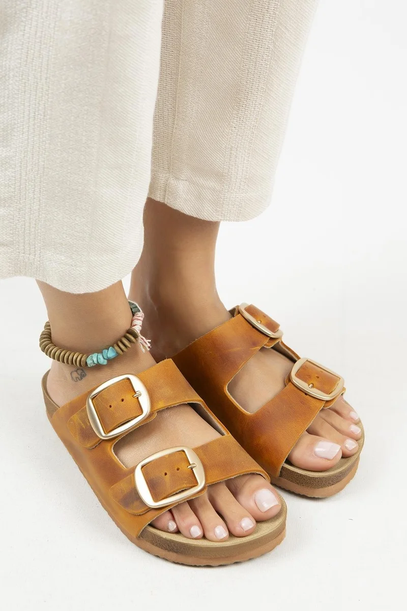 Manijero Manijero Irene Vintage Women's Genuine Leather Double Buckle Tan Gold Slippers