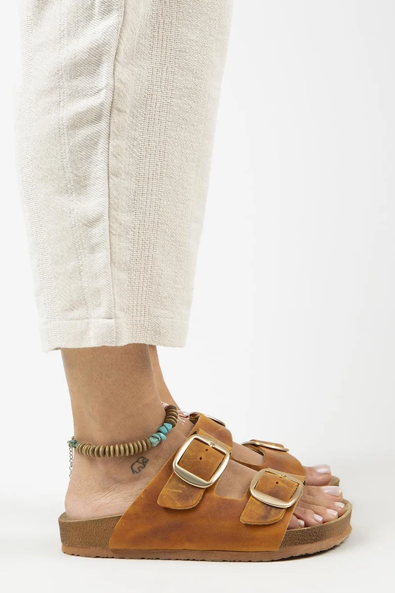 Manijero Manijero Irene Vintage Women's Genuine Leather Double Buckle Tan Gold Slippers