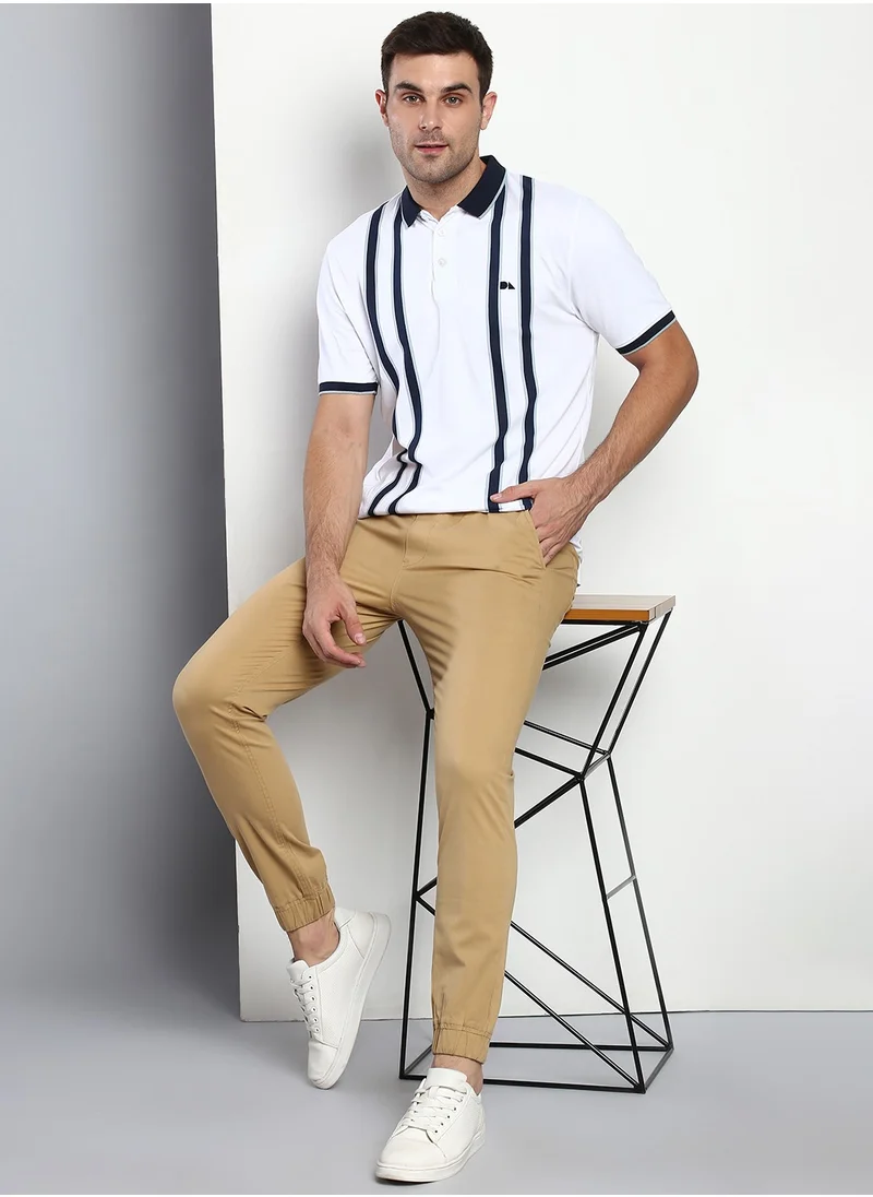 دينيس لينغو Men's Regular Fit Dark Khaki Cotton Trousers - Mid-Rise, Full Length, Button & Zip Closure,