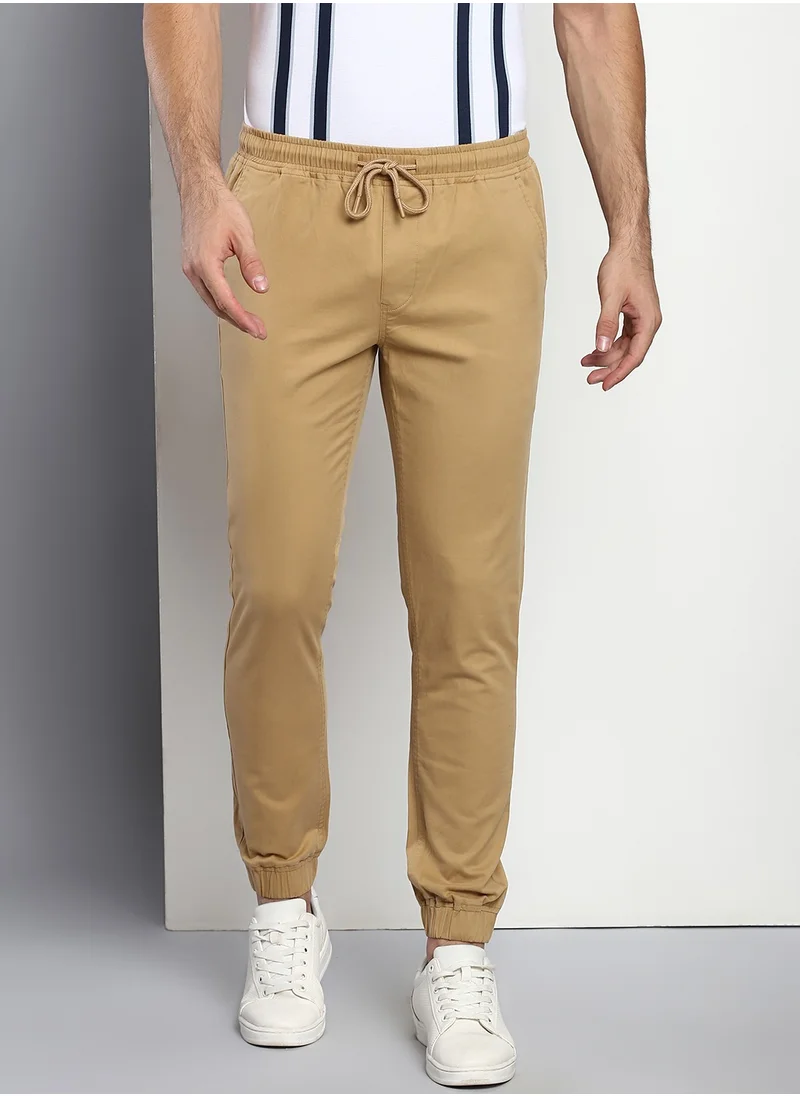 دينيس لينغو Men's Regular Fit Dark Khaki Cotton Trousers - Mid-Rise, Full Length, Button & Zip Closure,