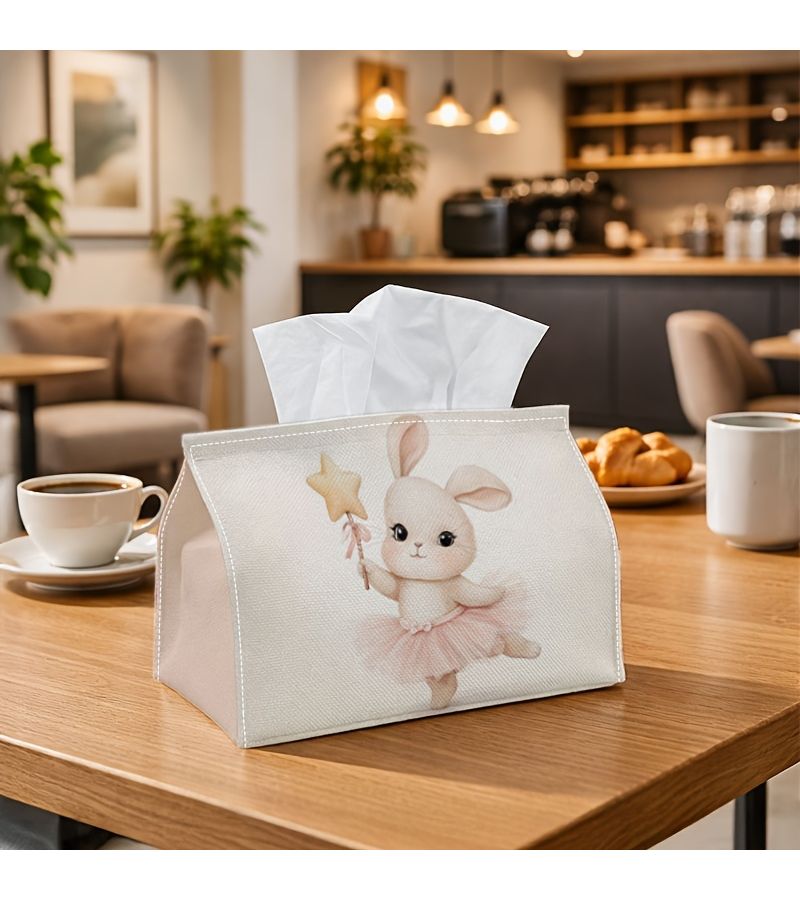 1Pc Adorable Pastel Rectangular Tissue Container Pink Bunny Star Wand Tissue Organizer For Home Kitchen Bathroom Daily Use Party Supplies Home Decor 9x4.9x6.6 Inches - Image 1