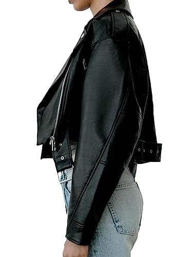 LY VAREY LIN Women Faux Leather Cropped Jacket Lapel Zipper Biker Short Coat with Belt - Image 5
