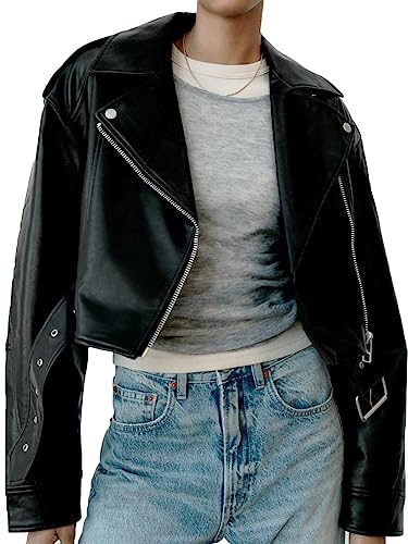 LY VAREY LIN Women Faux Leather Cropped Jacket Lapel Zipper Biker Short Coat with Belt - Image 2